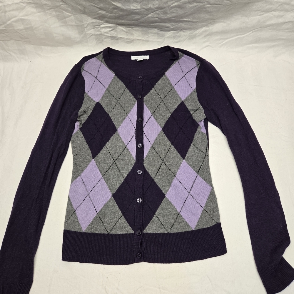 Women's NEW YORK & COMPANY Purple Gray Argyle Cardigan Size XS